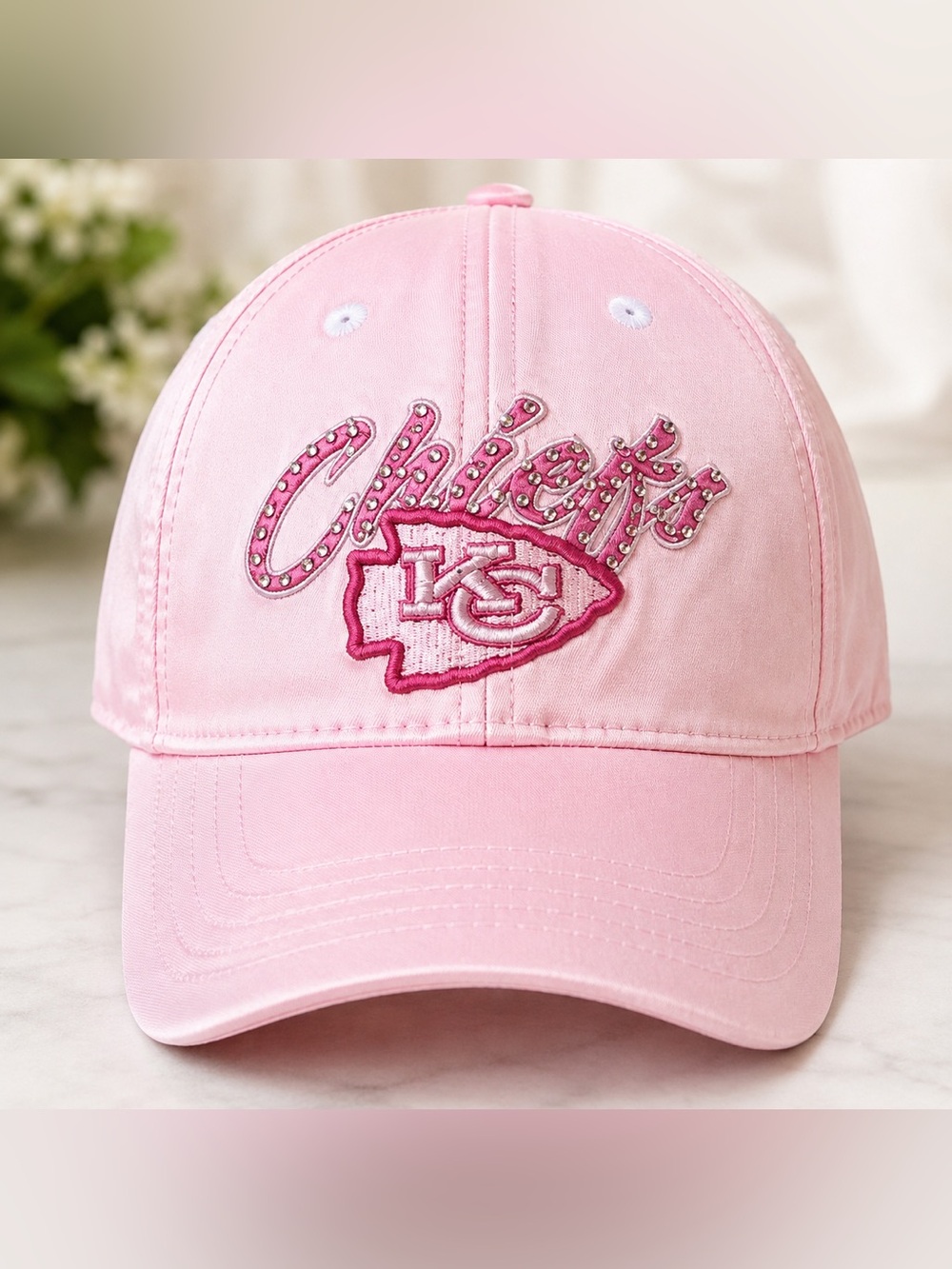 Kansas City Chiefs Women’s Pink Satin Rhinestone Bling Baseball Cap NFL